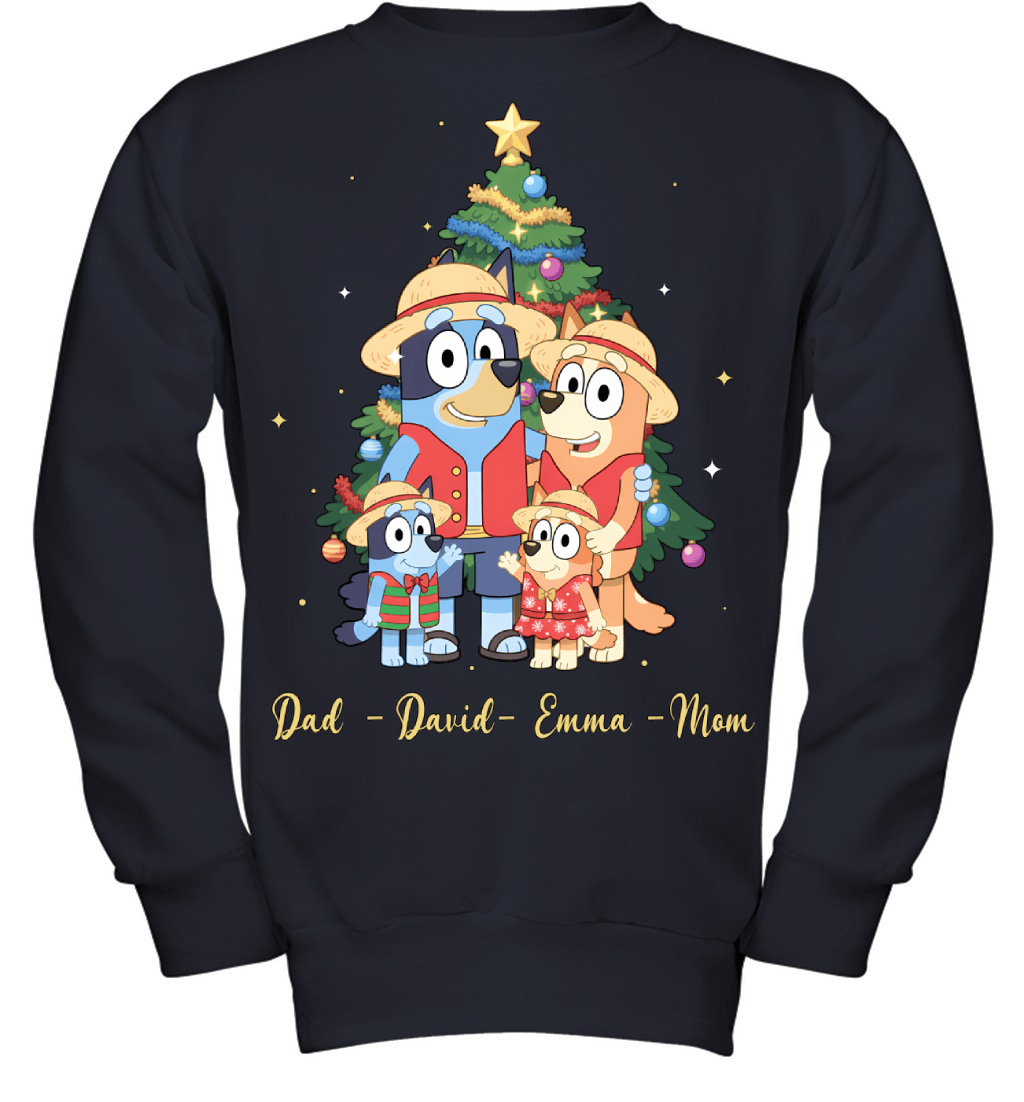 Bluey x Monkey D. Luffy Parents & Kids Custom Name Christmas T-Shirt for Family