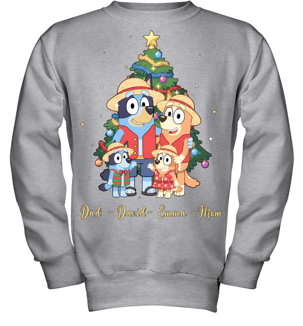 Bluey x Monkey D. Luffy Parents & Kids Custom Name Christmas T-Shirt for Family