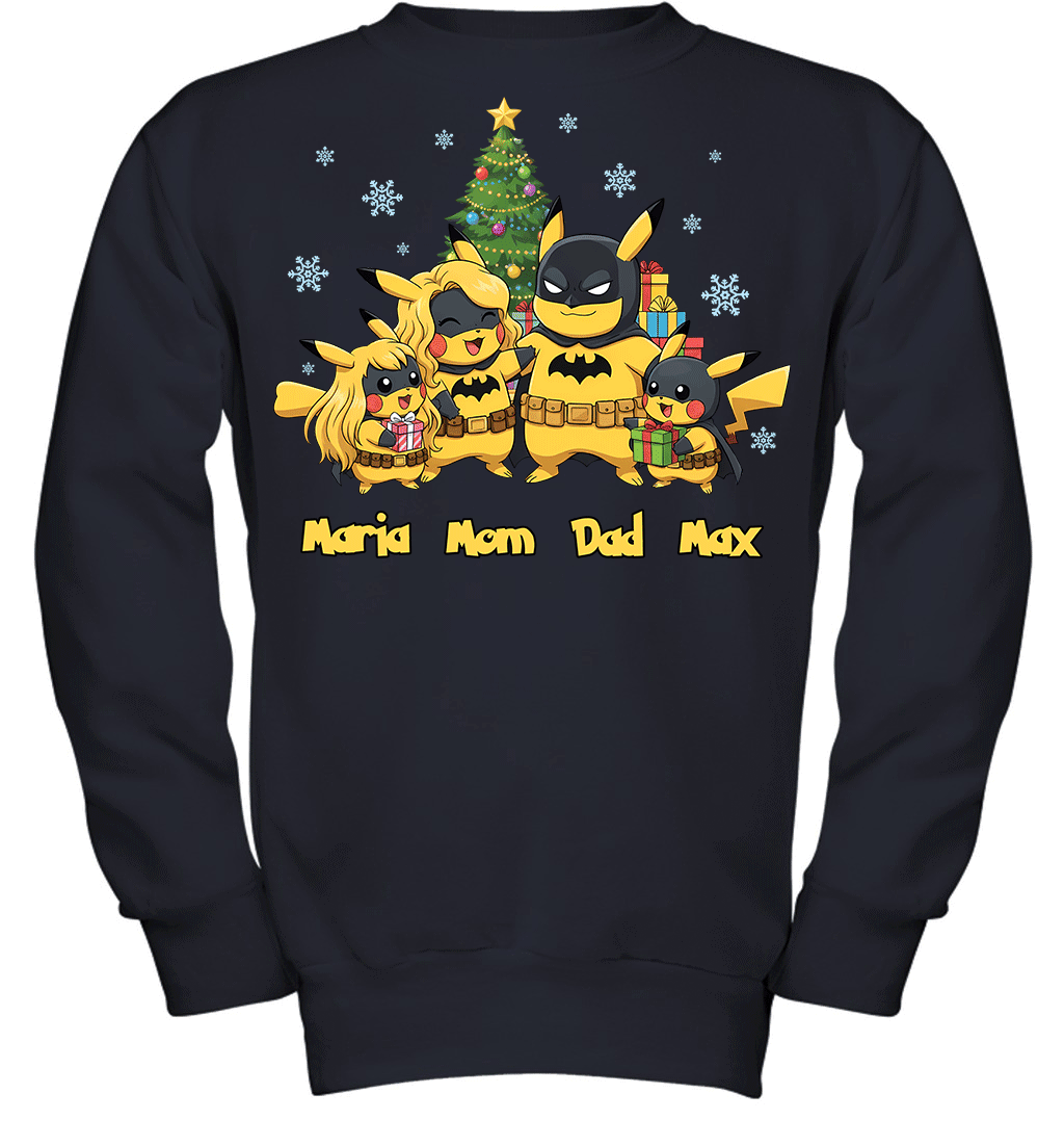 Pikachu x Batman Christmas Family Parents With Son And Daughter Graphic T-shirt