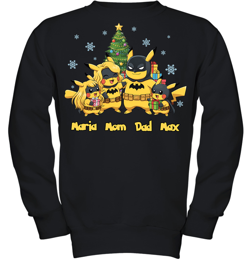 Pikachu x Batman Christmas Family Parents With Son And Daughter Graphic T-shirt