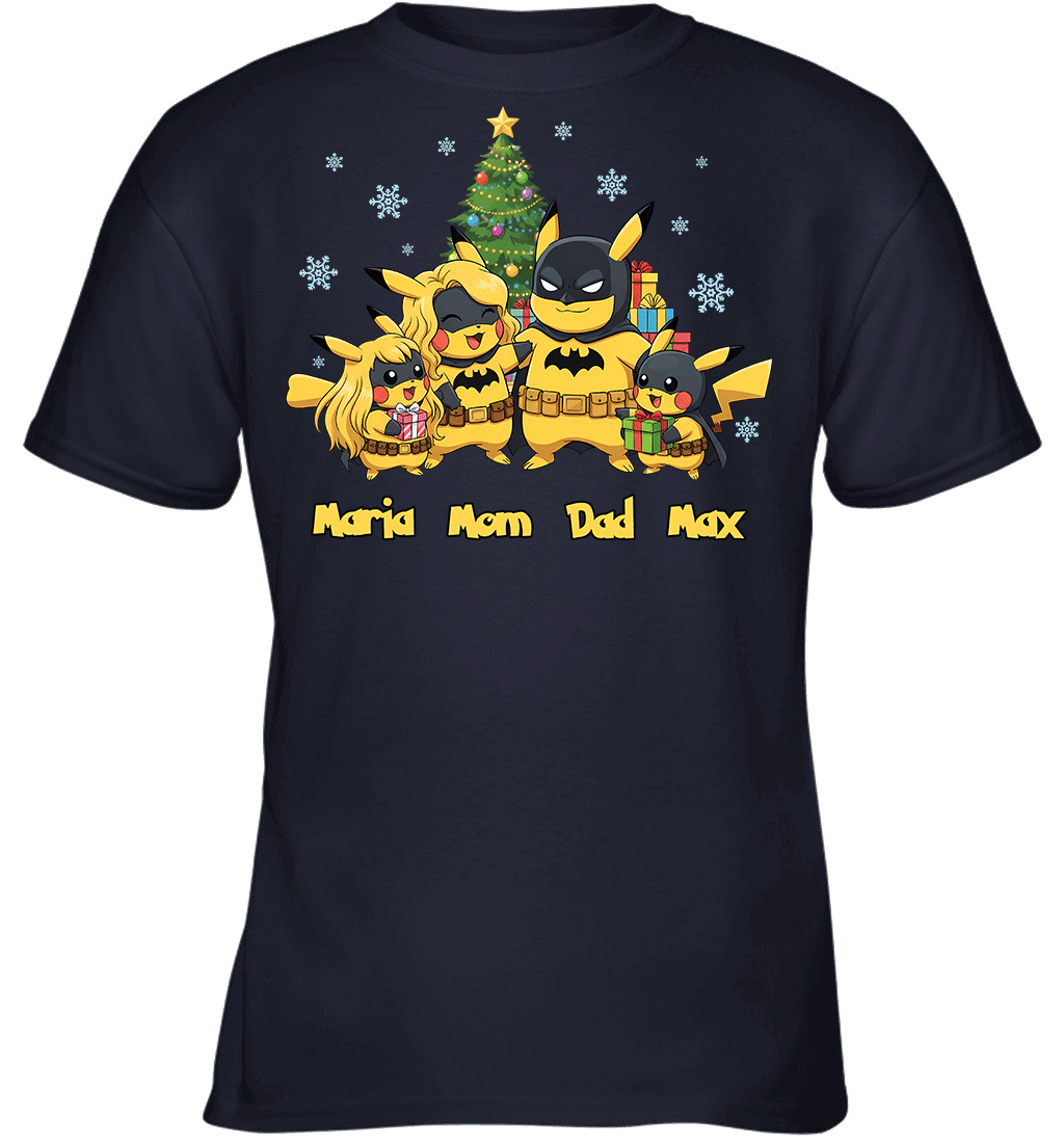 Pikachu x Batman Christmas Family Parents With Son And Daughter Graphic T-shirt