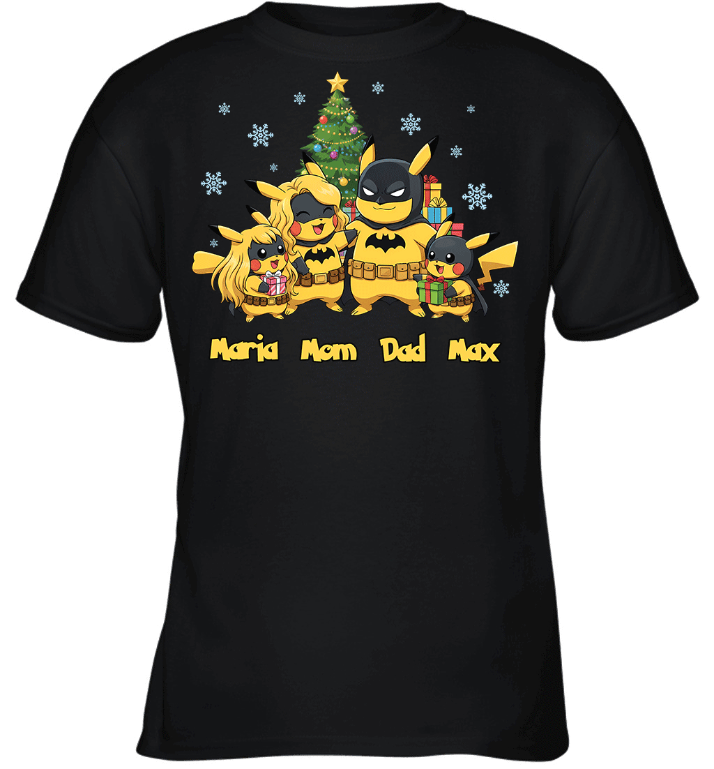 Pikachu x Batman Christmas Family Parents With Son And Daughter Graphic T-shirt
