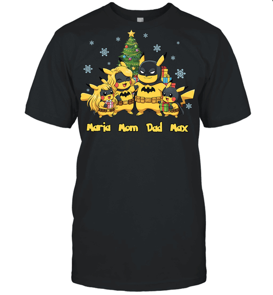Pikachu x Batman Christmas Family Parents With Son And Daughter Graphic T-shirt