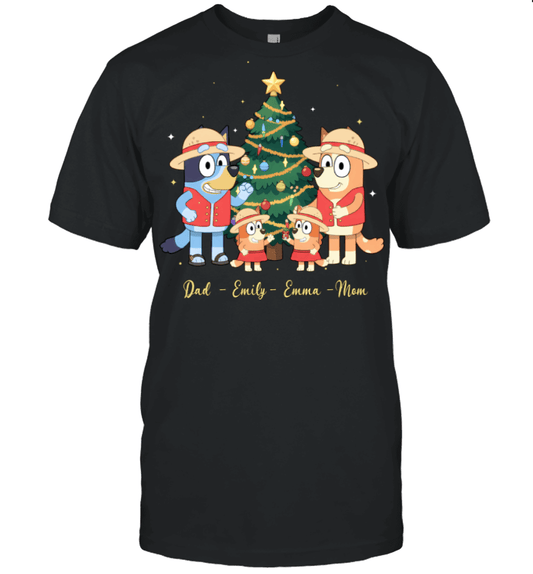 Bluey x Monkey D. Luffy Parents & Daughters Custom Name Christmas T-Shirt for Family