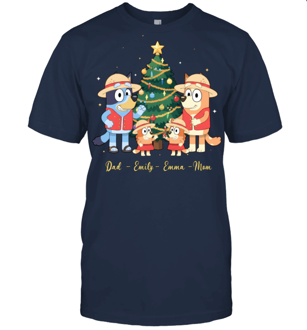 Bluey x Monkey D. Luffy Parents & Daughters Custom Name Christmas T-Shirt for Family