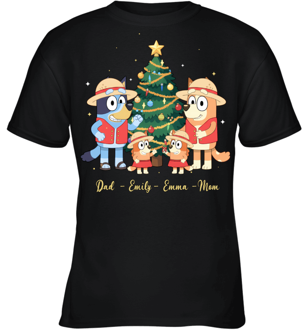 Bluey x Monkey D. Luffy Parents & Daughters Custom Name Christmas T-Shirt for Family