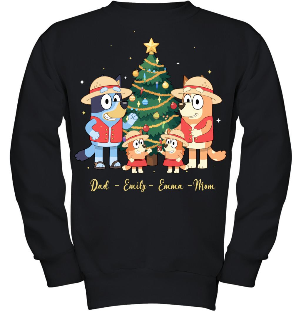 Bluey x Monkey D. Luffy Parents & Daughters Custom Name Christmas T-Shirt for Family