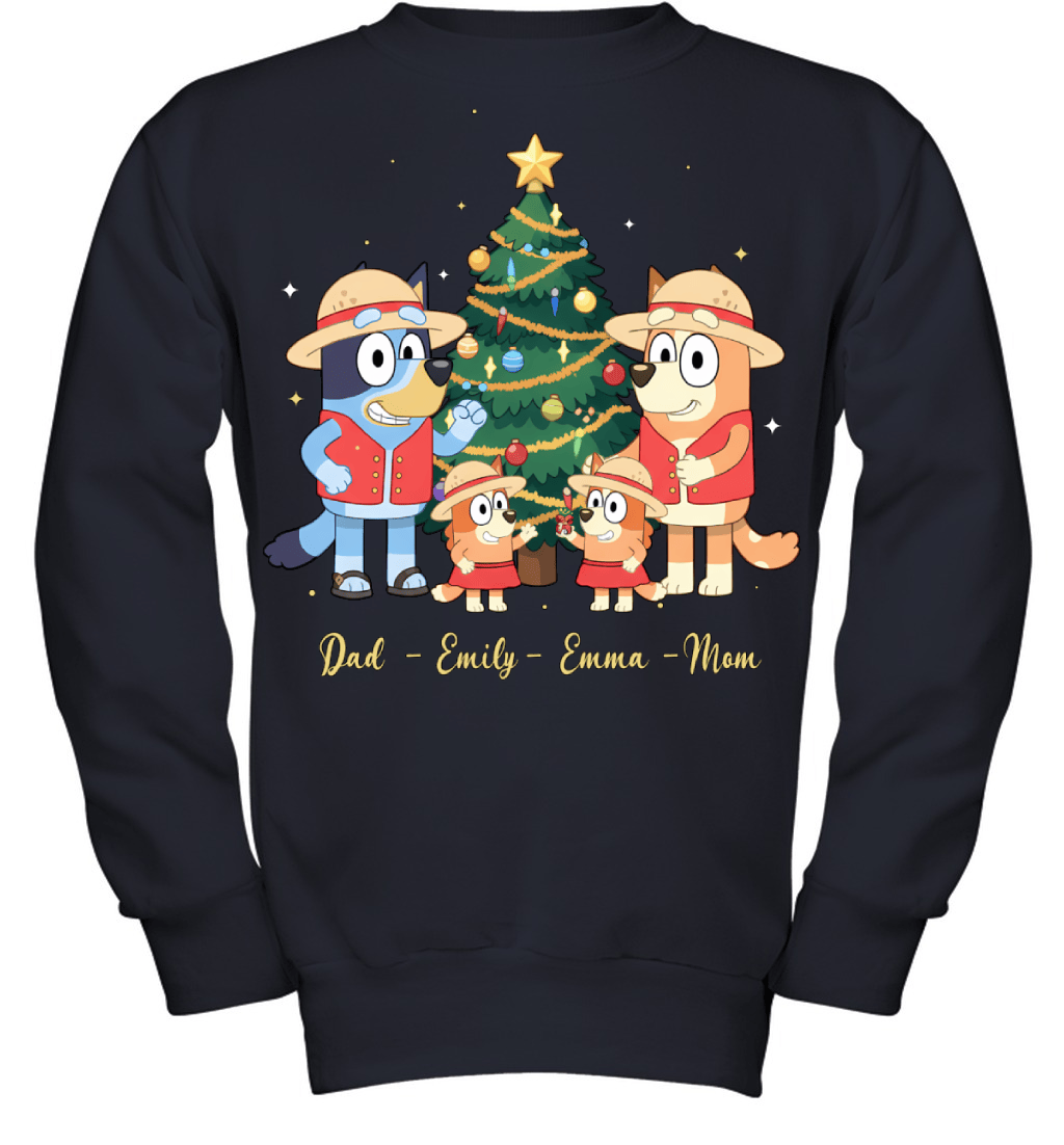 Bluey x Monkey D. Luffy Parents & Daughters Custom Name Christmas T-Shirt for Family