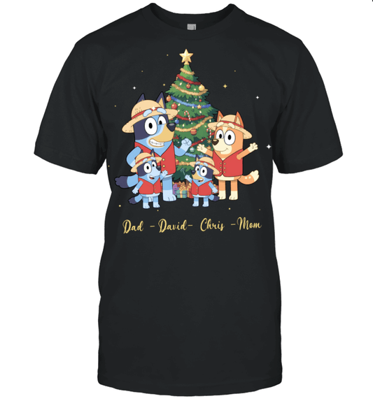 Bluey x Monkey D. Luffy Parents & Sons Custom Name Christmas T-Shirt for Family