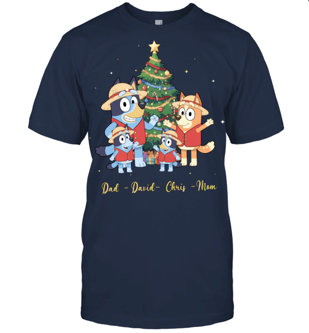Bluey x Monkey D. Luffy Parents & Sons Custom Name Christmas T-Shirt for Family