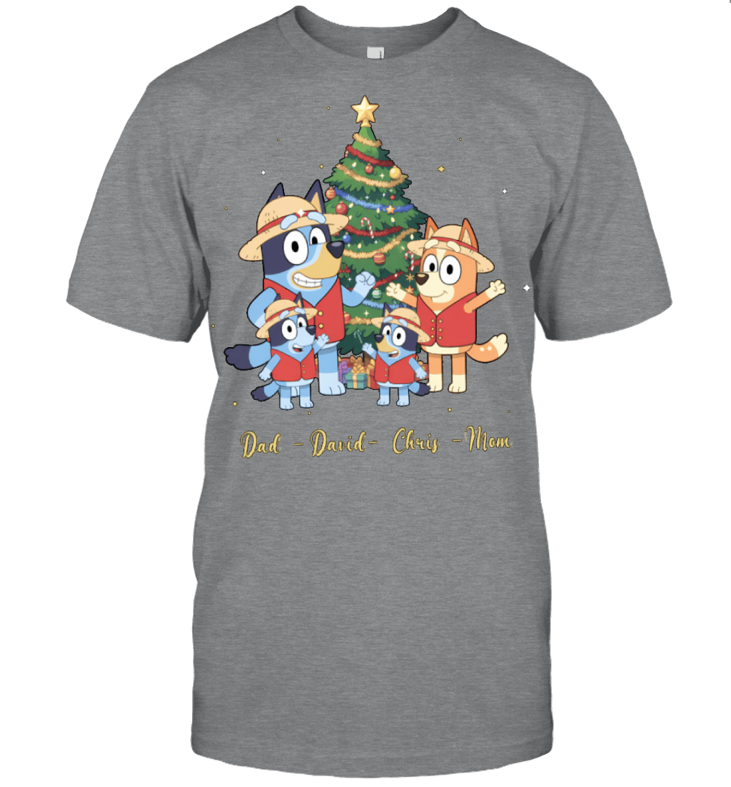 Bluey x Monkey D. Luffy Parents & Sons Custom Name Christmas T-Shirt for Family