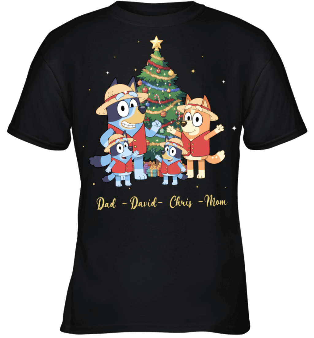 Bluey x Monkey D. Luffy Parents & Sons Custom Name Christmas T-Shirt for Family