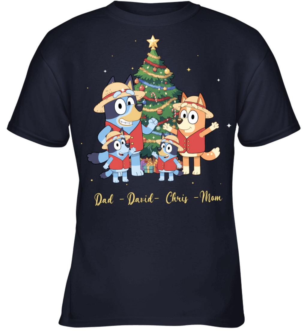 Bluey x Monkey D. Luffy Parents & Sons Custom Name Christmas T-Shirt for Family