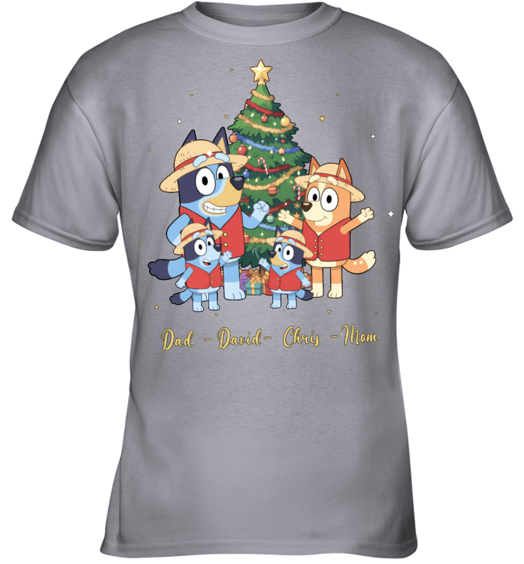 Bluey x Monkey D. Luffy Parents & Sons Custom Name Christmas T-Shirt for Family