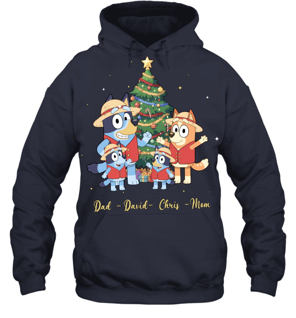Bluey x Monkey D. Luffy Parents & Sons Custom Name Christmas T-Shirt for Family