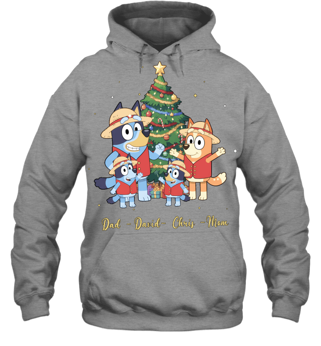 Bluey x Monkey D. Luffy Parents & Sons Custom Name Christmas T-Shirt for Family