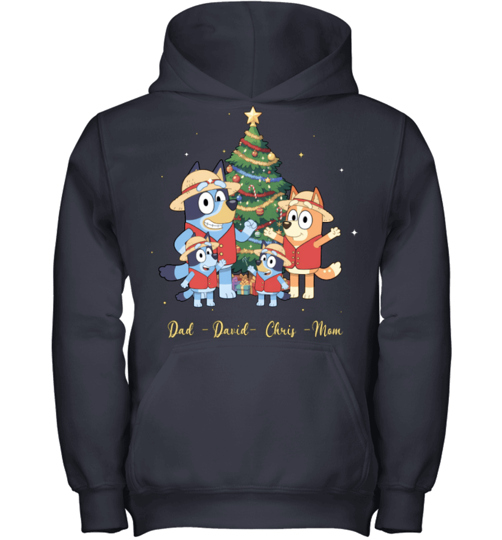 Bluey x Monkey D. Luffy Parents & Sons Custom Name Christmas T-Shirt for Family