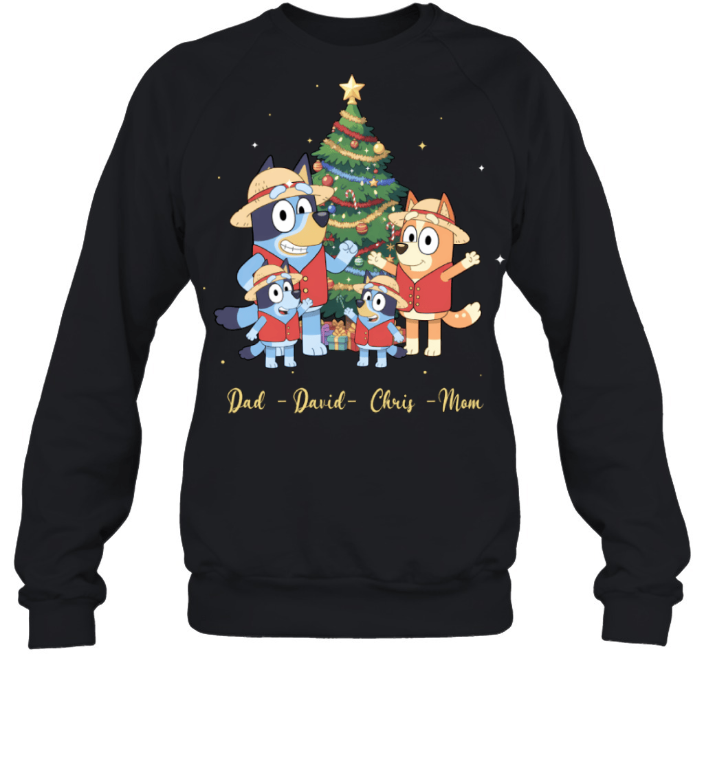 Bluey x Monkey D. Luffy Parents & Sons Custom Name Christmas T-Shirt for Family