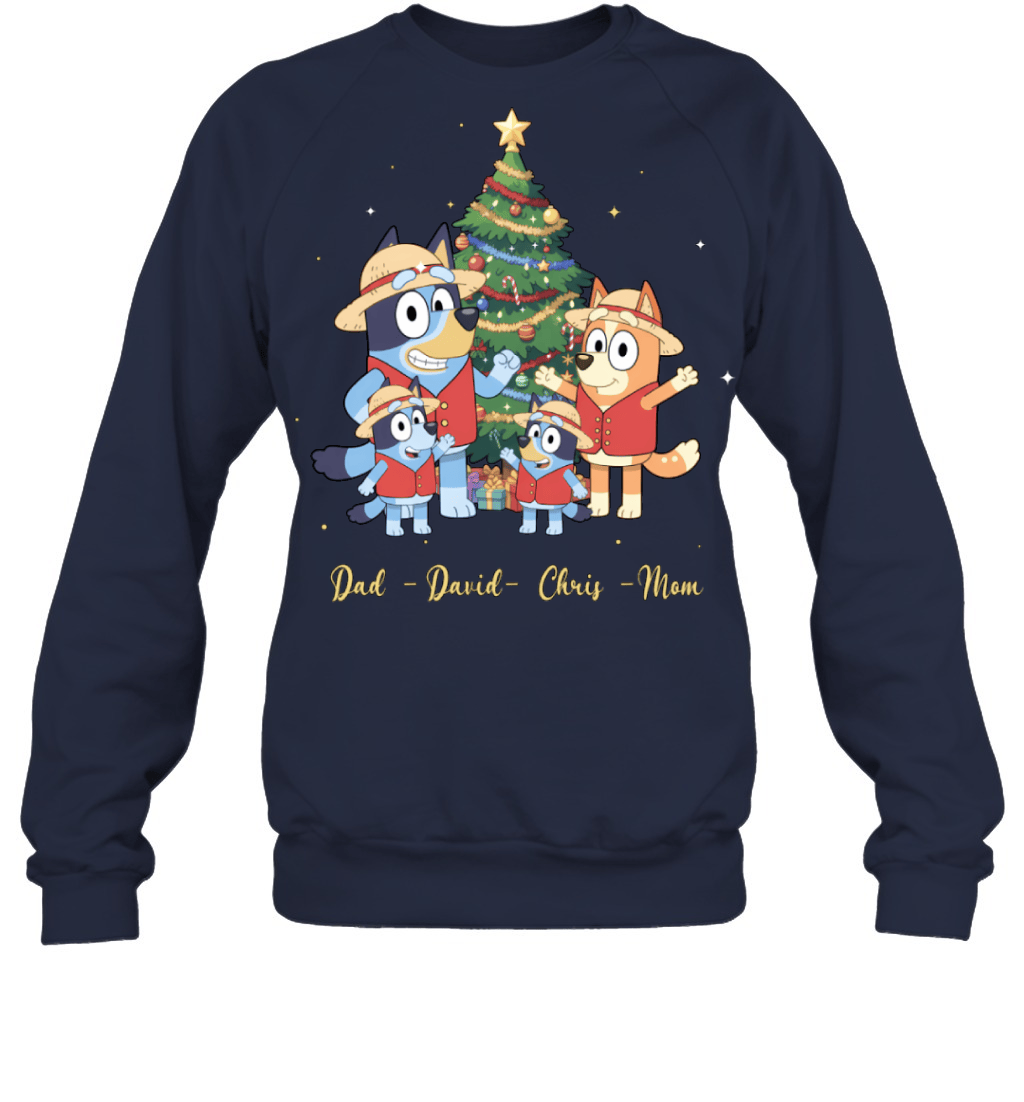 Bluey x Monkey D. Luffy Parents & Sons Custom Name Christmas T-Shirt for Family