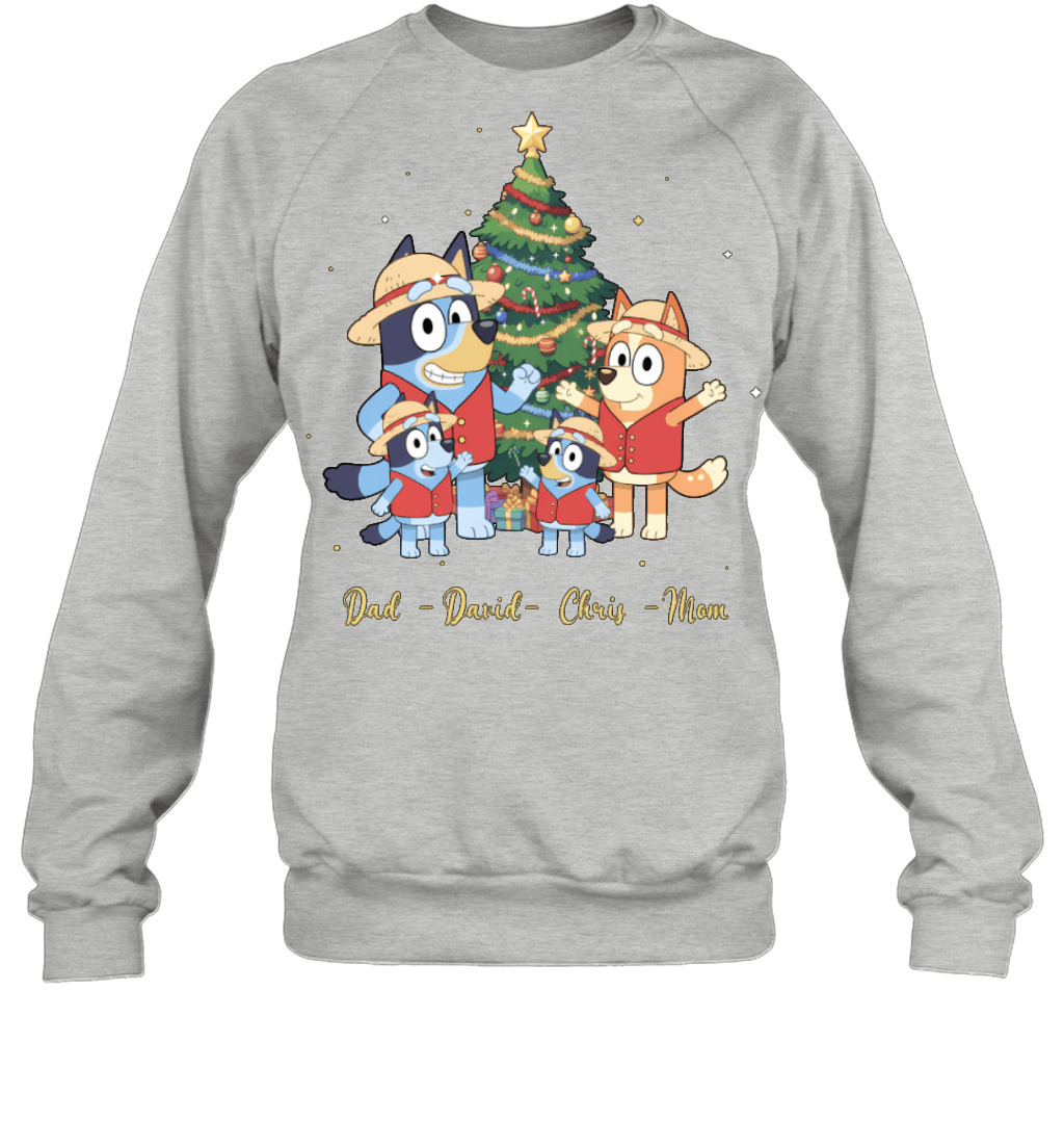 Bluey x Monkey D. Luffy Parents & Sons Custom Name Christmas T-Shirt for Family