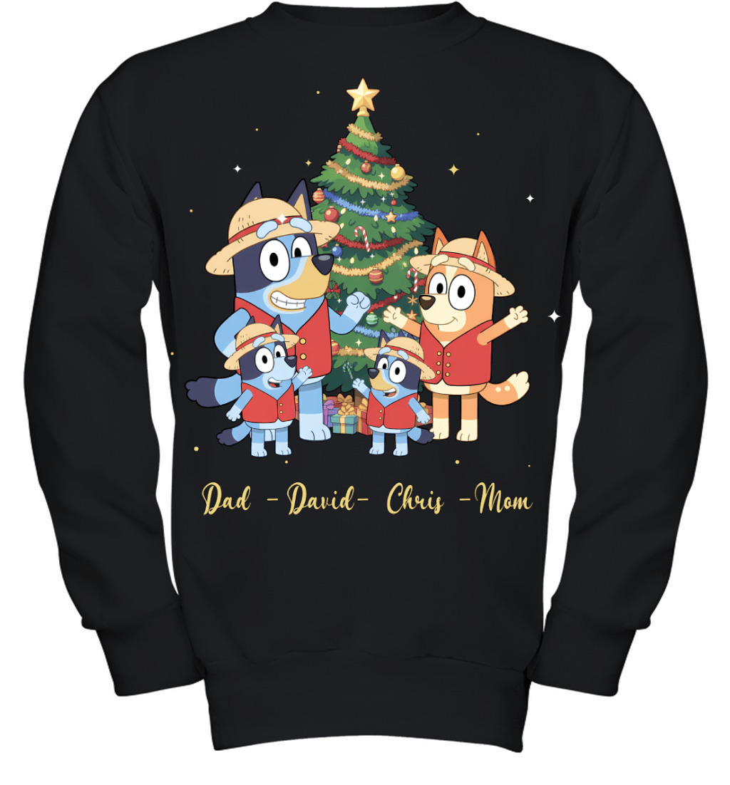 Bluey x Monkey D. Luffy Parents & Sons Custom Name Christmas T-Shirt for Family