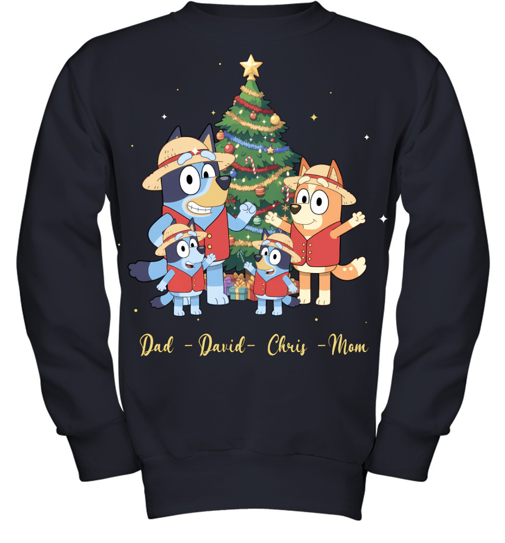 Bluey x Monkey D. Luffy Parents & Sons Custom Name Christmas T-Shirt for Family