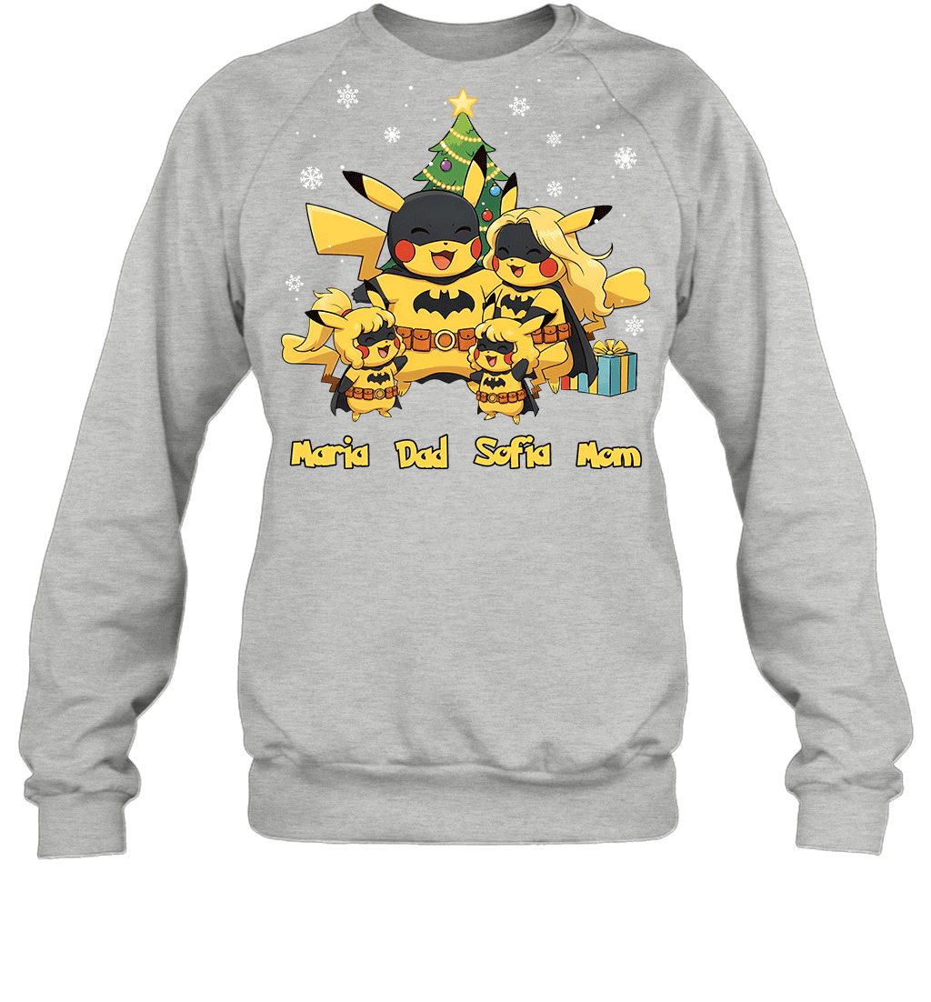 Pikachu x Batman Christmas Family Parents And Two Daughters Graphic T-shirt