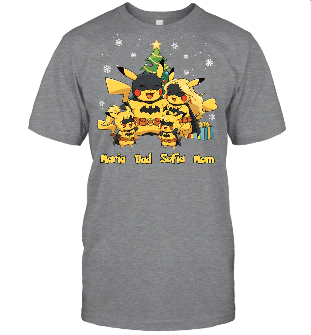 Pikachu x Batman Christmas Family Parents And Two Daughters Graphic T-shirt