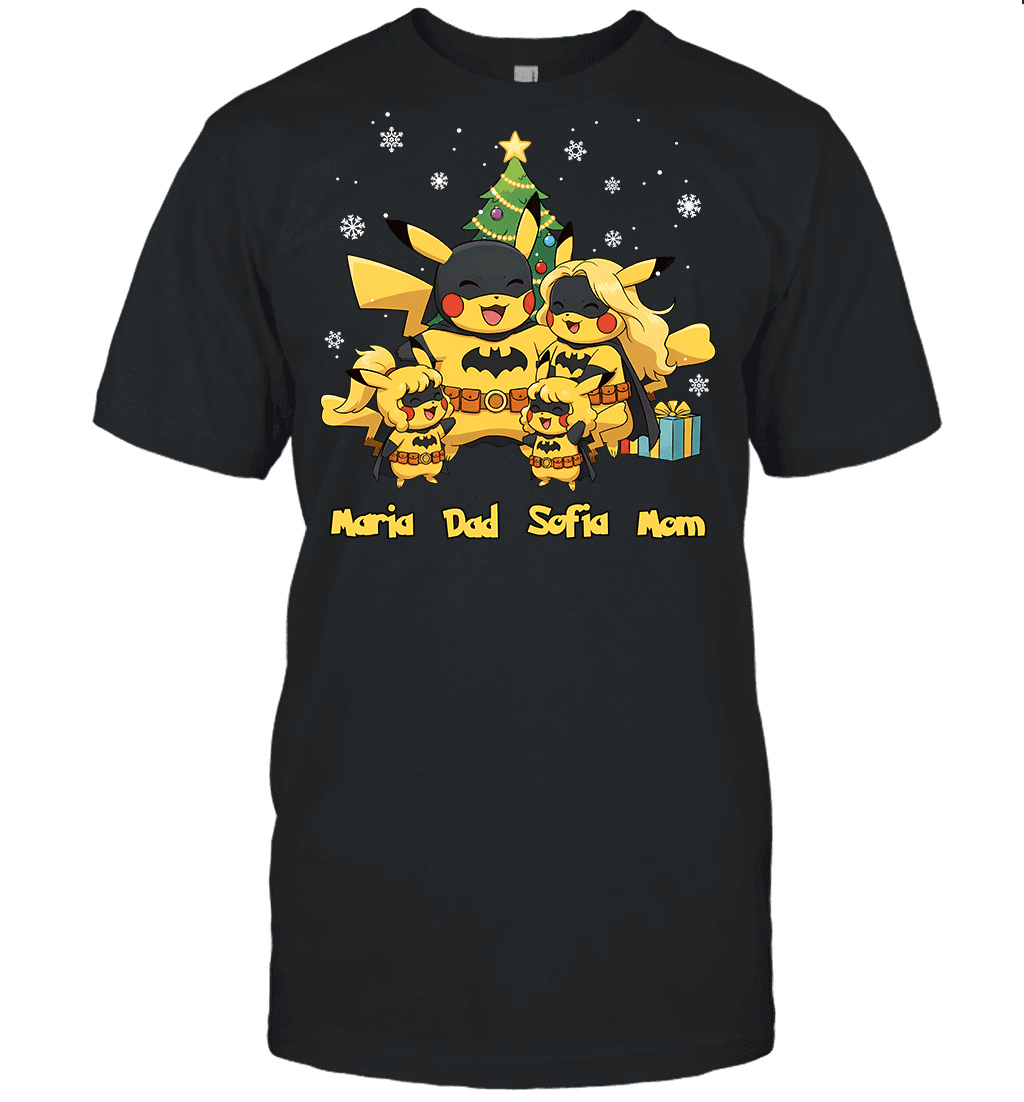 Pikachu x Batman Christmas Family Parents And Two Daughters Graphic T-shirt
