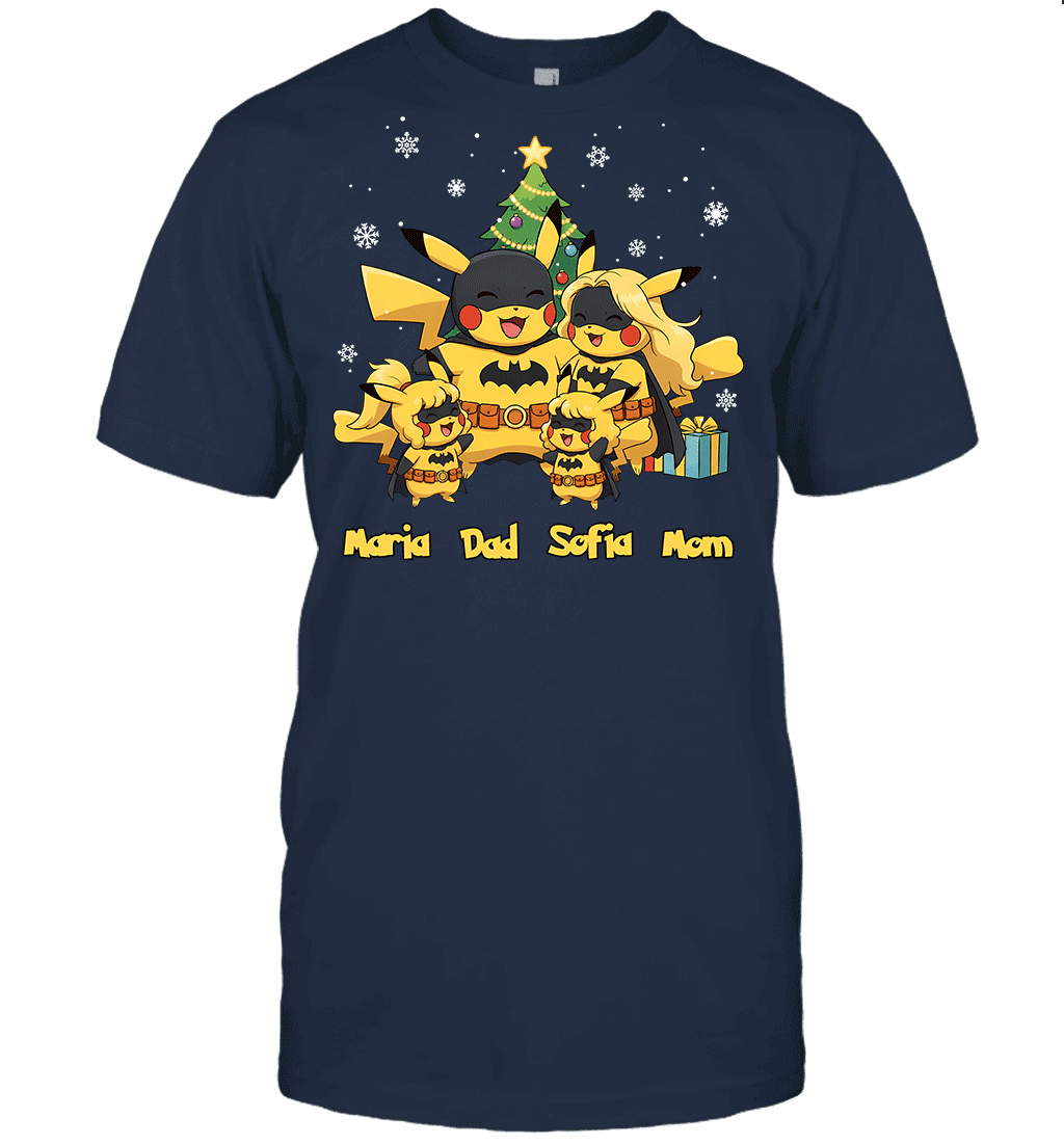 Pikachu x Batman Christmas Family Parents And Two Daughters Graphic T-shirt