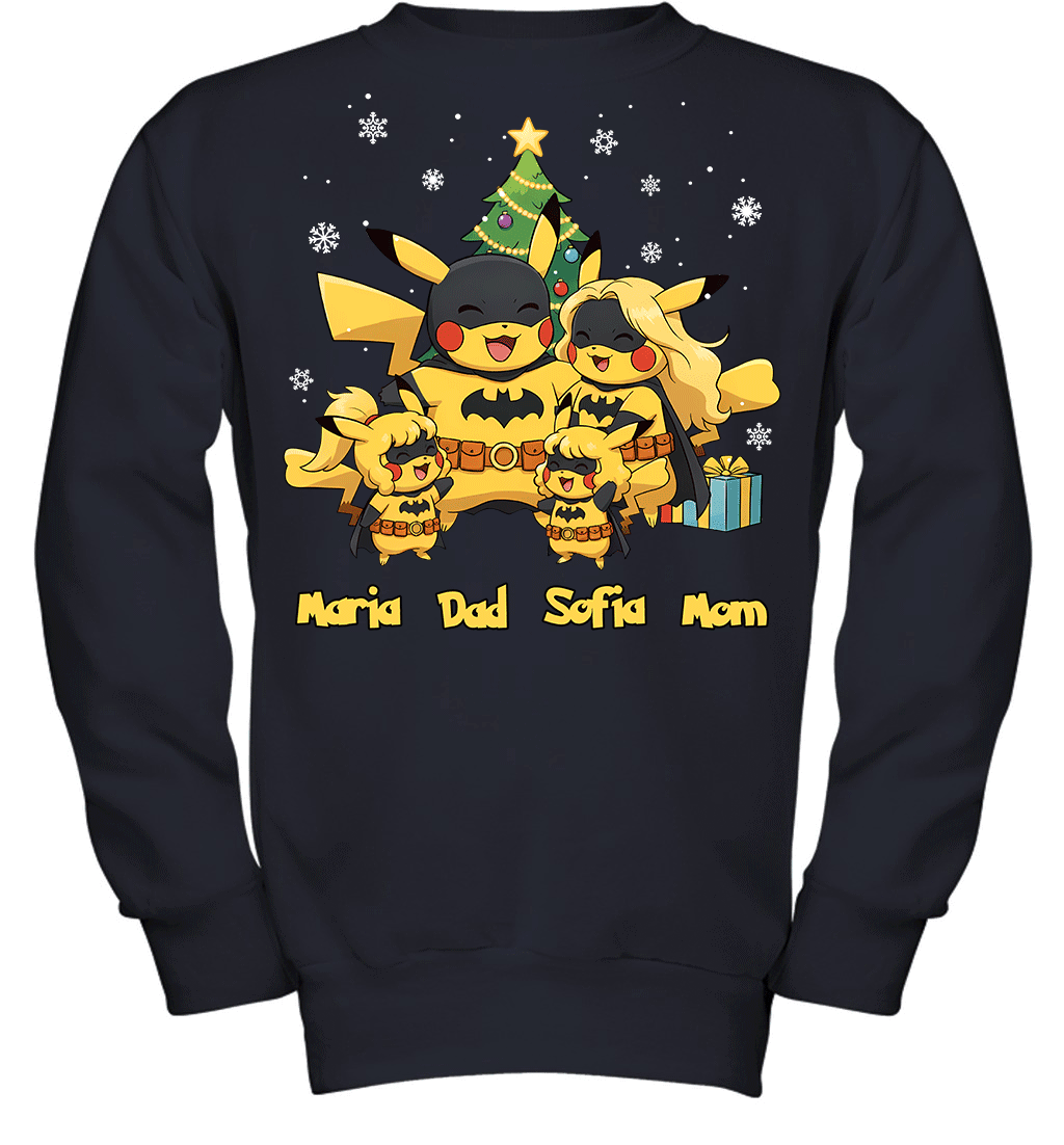 Pikachu x Batman Christmas Family Parents And Two Daughters Graphic T-shirt