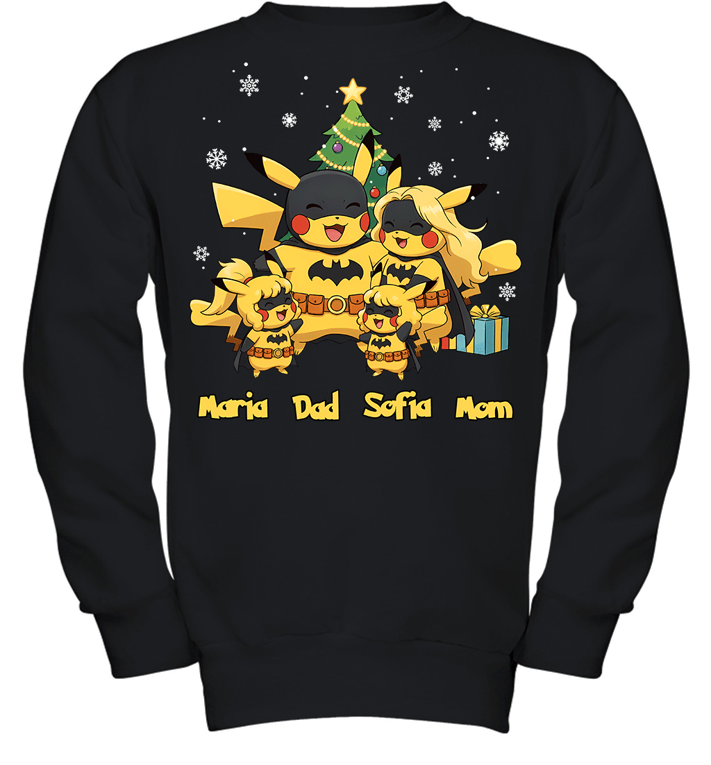 Pikachu x Batman Christmas Family Parents And Two Daughters Graphic T-shirt