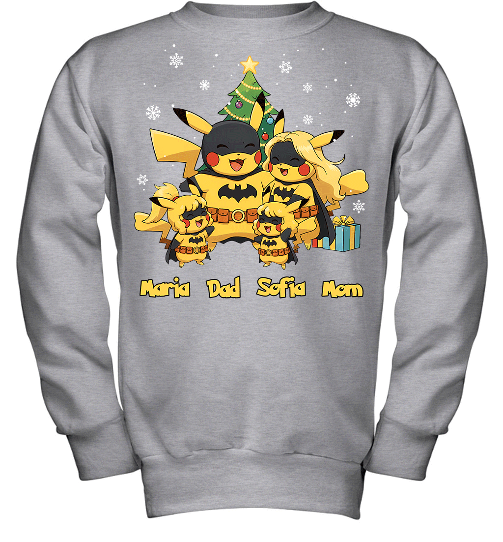 Pikachu x Batman Christmas Family Parents And Two Daughters Graphic T-shirt