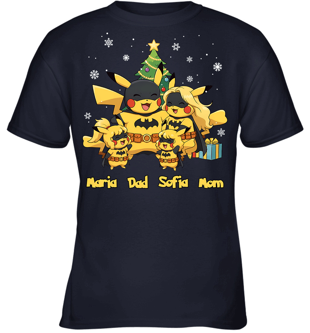 Pikachu x Batman Christmas Family Parents And Two Daughters Graphic T-shirt