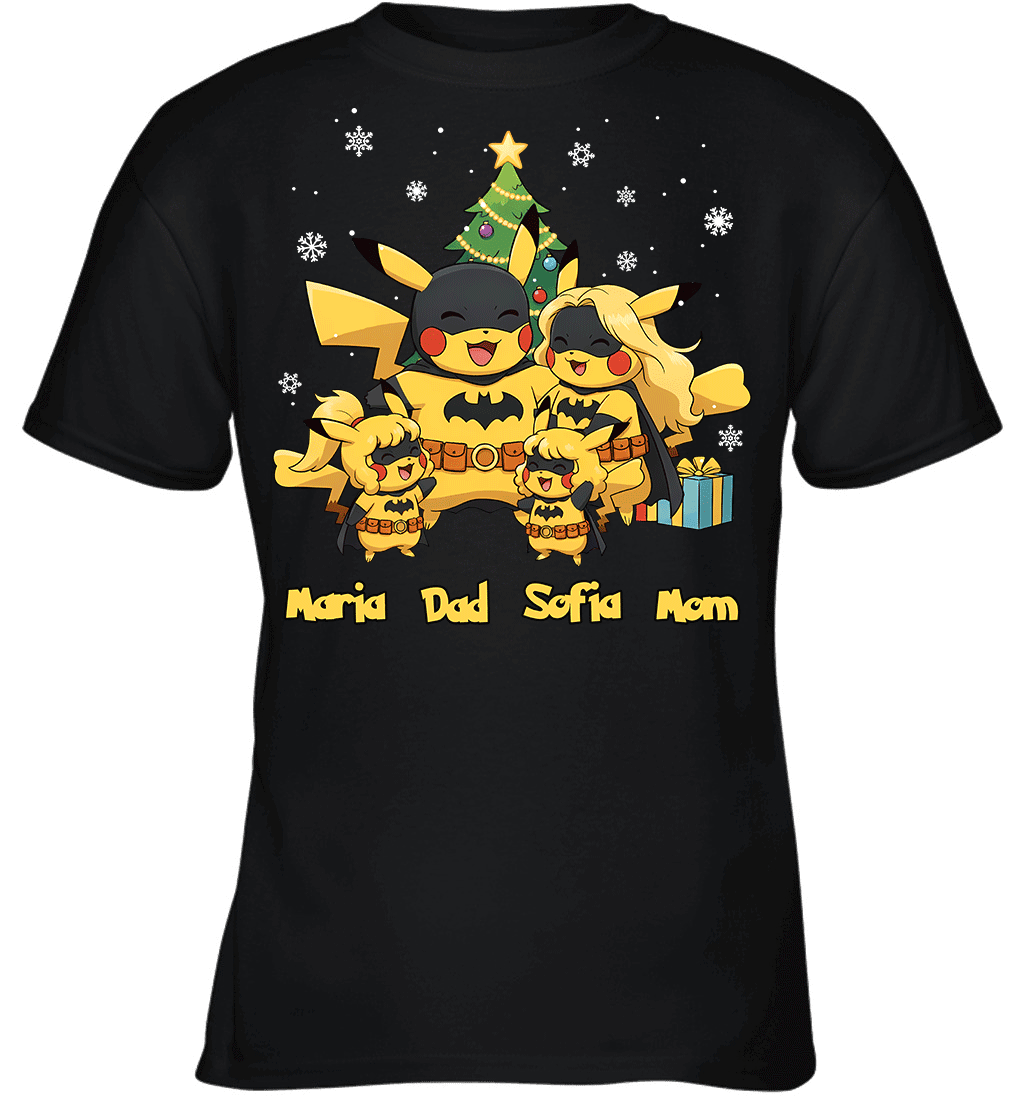 Pikachu x Batman Christmas Family Parents And Two Daughters Graphic T-shirt