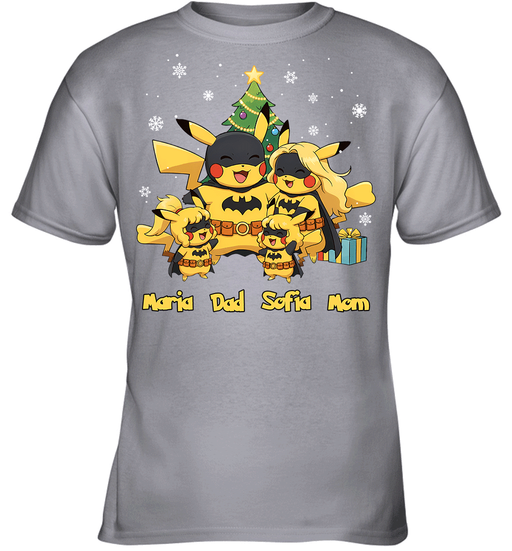 Pikachu x Batman Christmas Family Parents And Two Daughters Graphic T-shirt