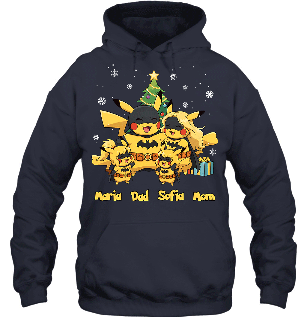 Pikachu x Batman Christmas Family Parents And Two Daughters Graphic T-shirt