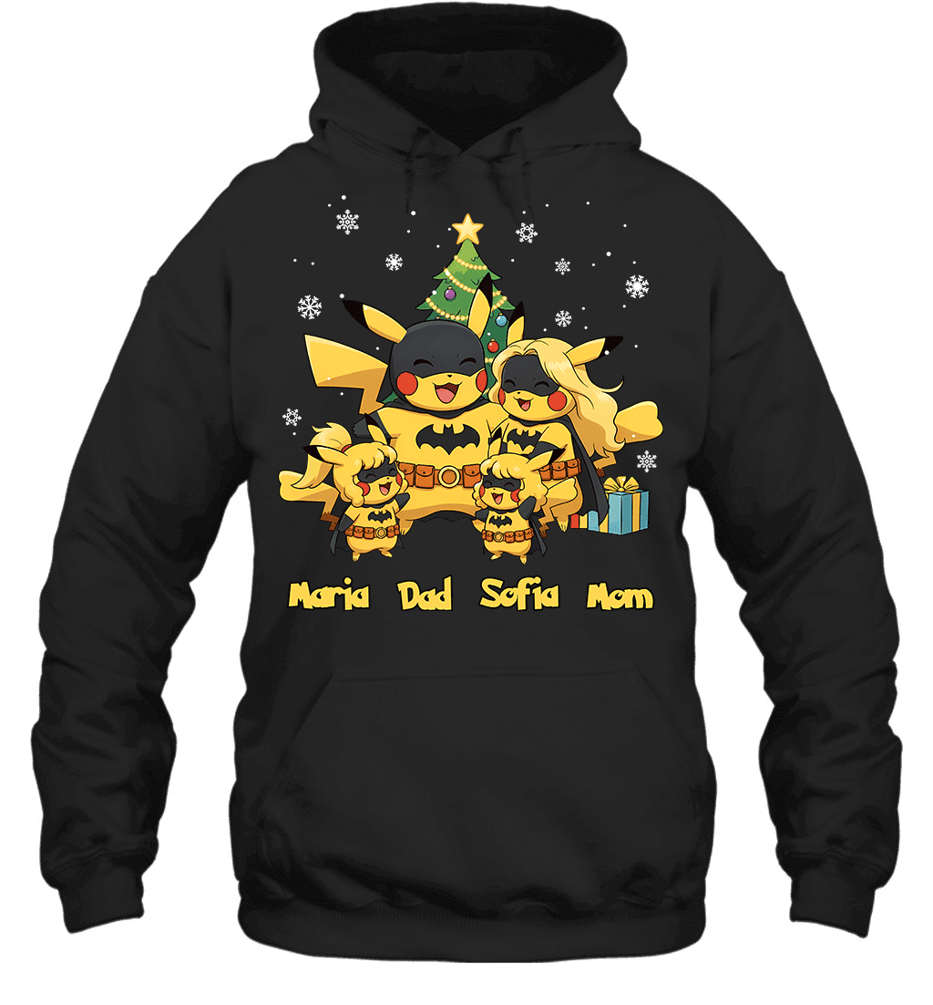 Pikachu x Batman Christmas Family Parents And Two Daughters Graphic T-shirt