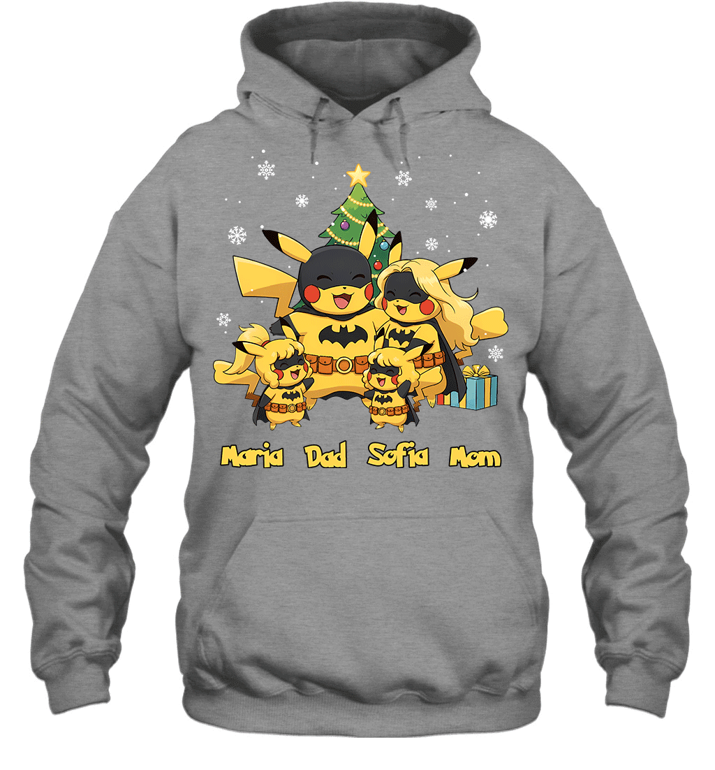 Pikachu x Batman Christmas Family Parents And Two Daughters Graphic T-shirt