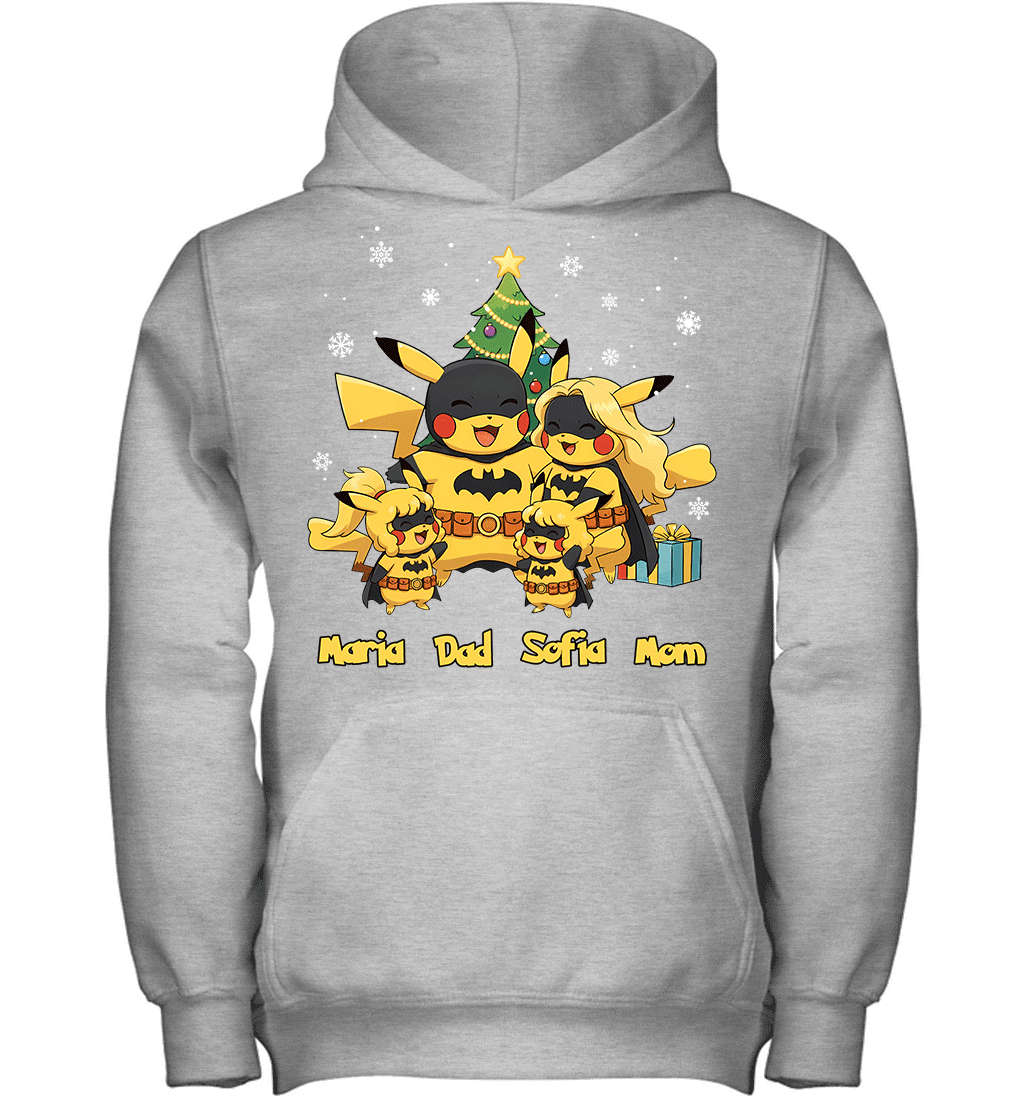 Pikachu x Batman Christmas Family Parents And Two Daughters Graphic T-shirt
