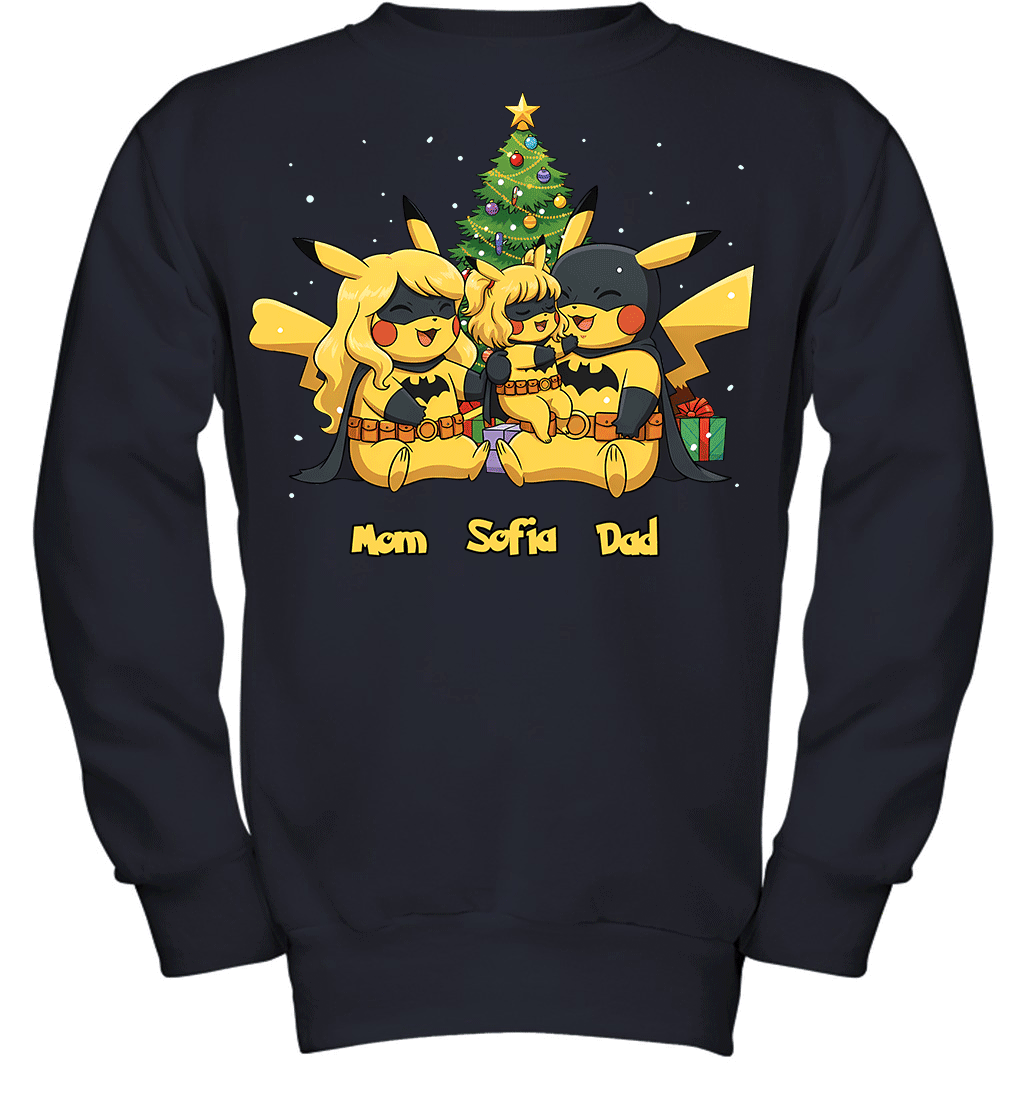 Pikachu x Batman Christmas Family Parents And Daughter Graphic T-shirt