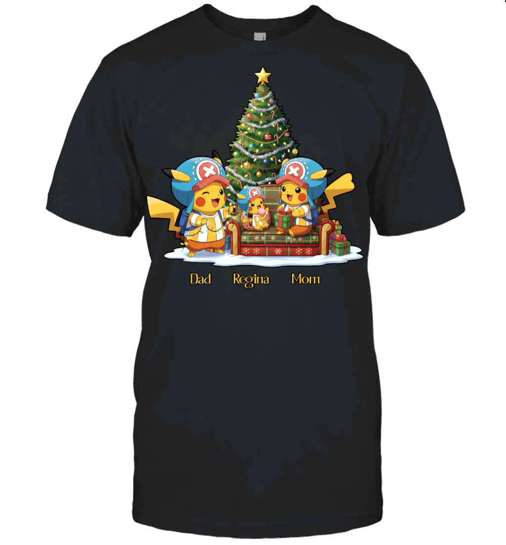 Pikachu x Chopper Parents & Daughter Custom Name Christmas T-Shirt for Family