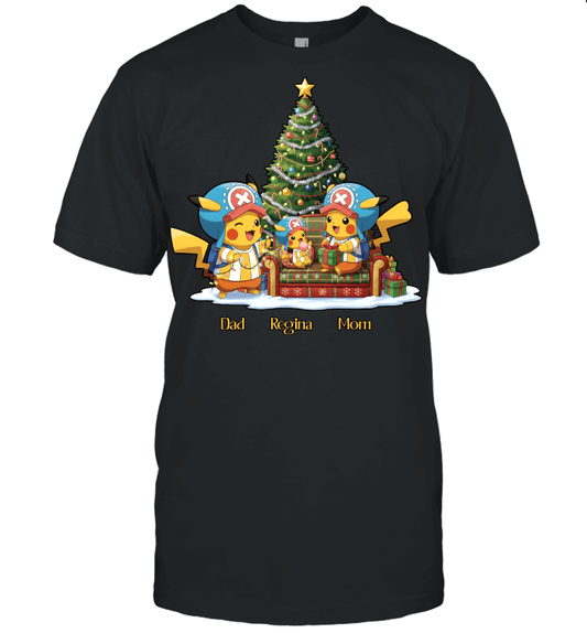 Pikachu x Chopper Parents & Daughter Custom Name Christmas T-Shirt for Family