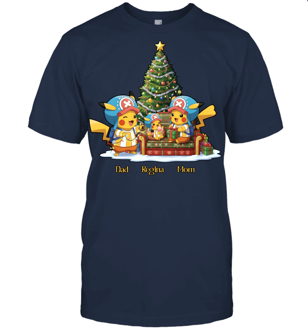 Pikachu x Chopper Parents & Daughter Custom Name Christmas T-Shirt for Family