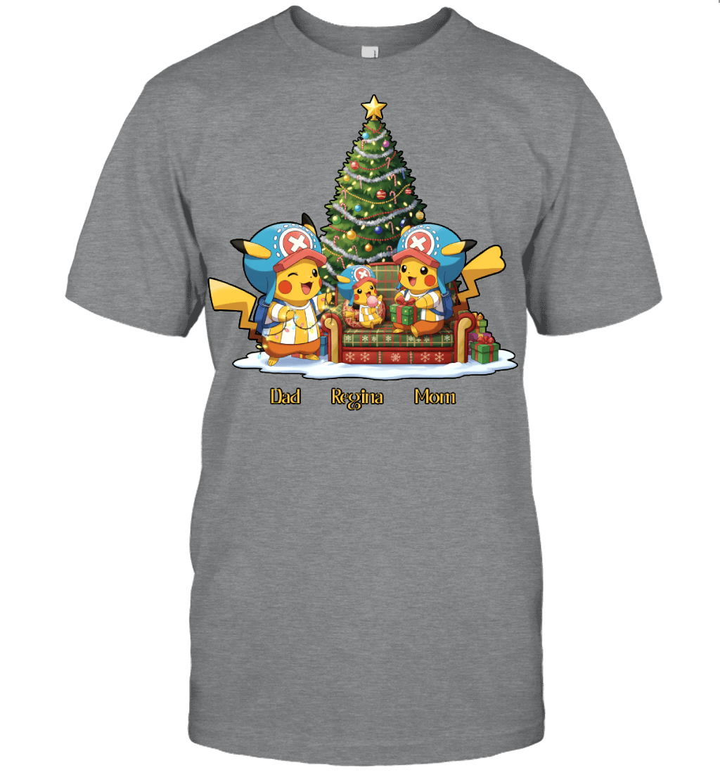 Pikachu x Chopper Parents & Daughter Custom Name Christmas T-Shirt for Family