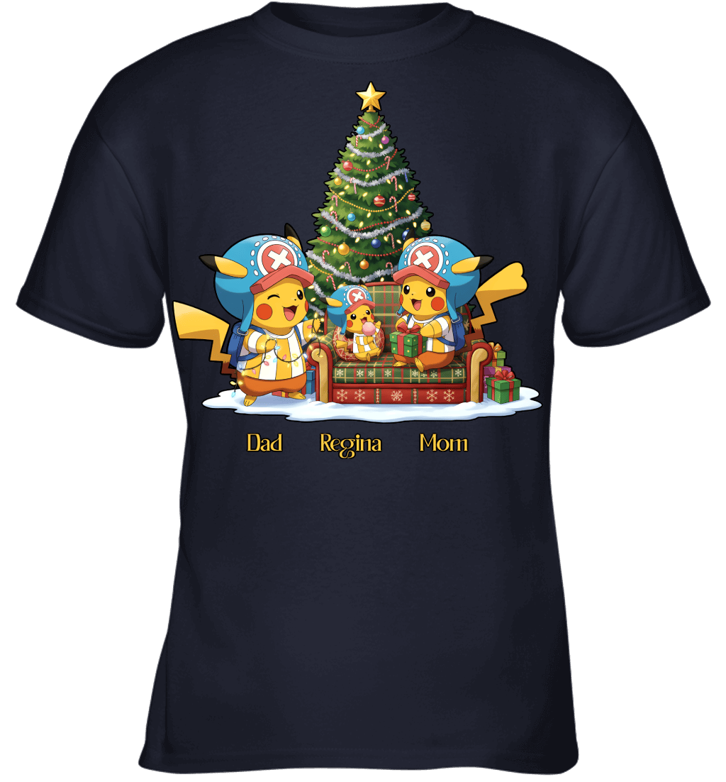 Pikachu x Chopper Parents & Daughter Custom Name Christmas T-Shirt for Family