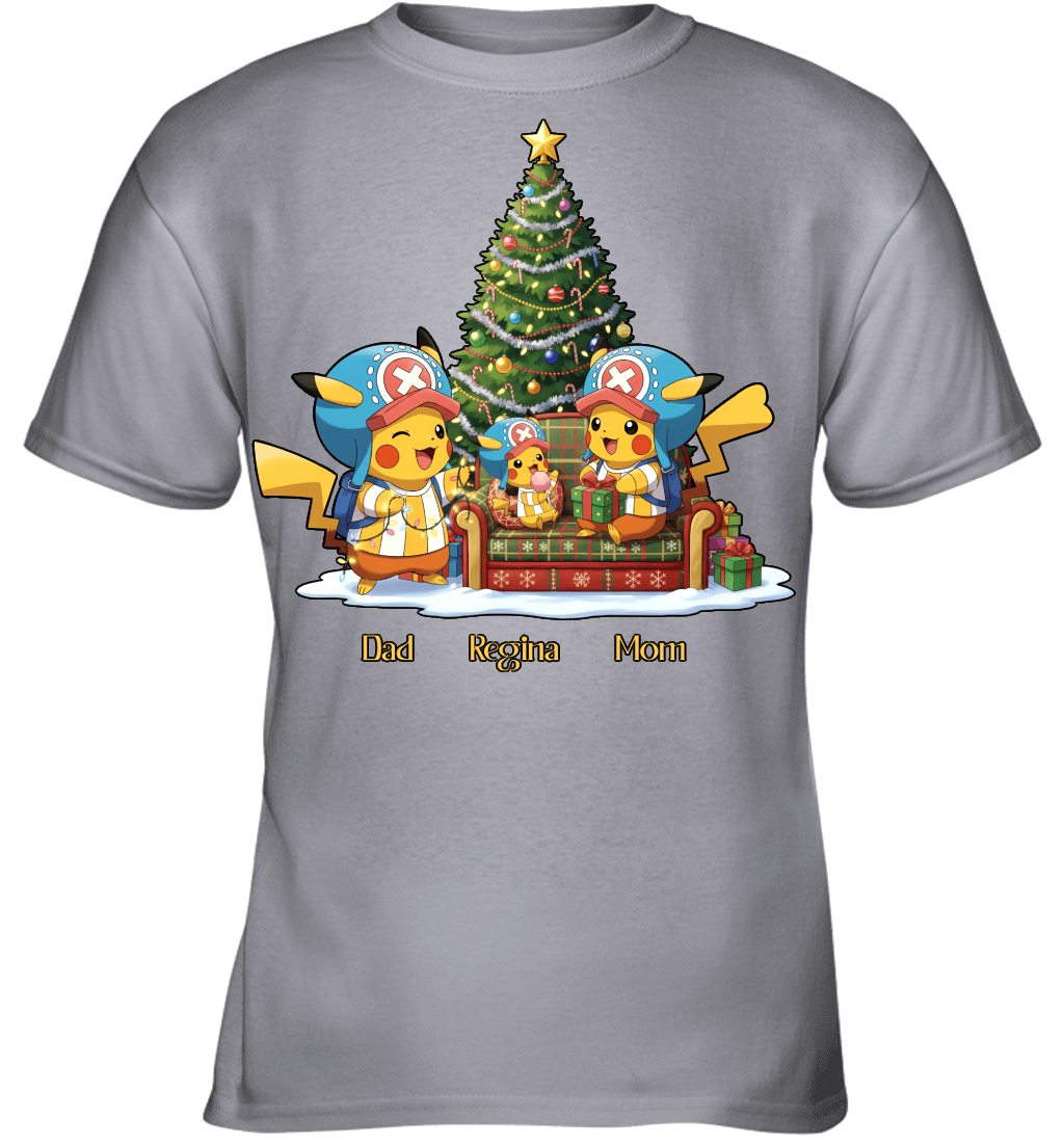 Pikachu x Chopper Parents & Daughter Custom Name Christmas T-Shirt for Family
