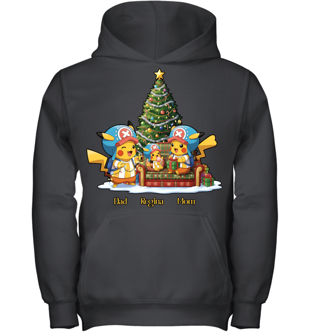 Pikachu x Chopper Parents & Daughter Custom Name Christmas T-Shirt for Family