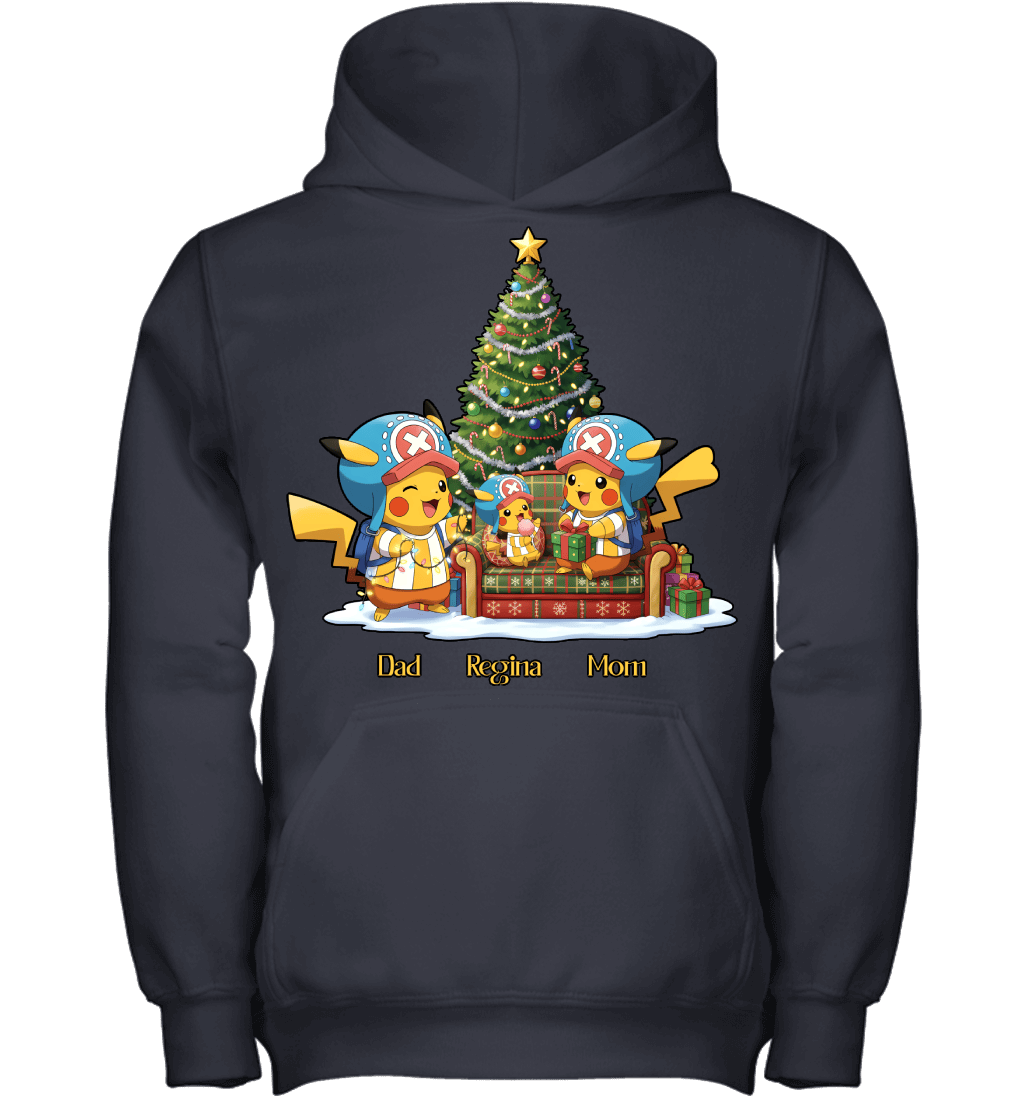 Pikachu x Chopper Parents & Daughter Custom Name Christmas T-Shirt for Family