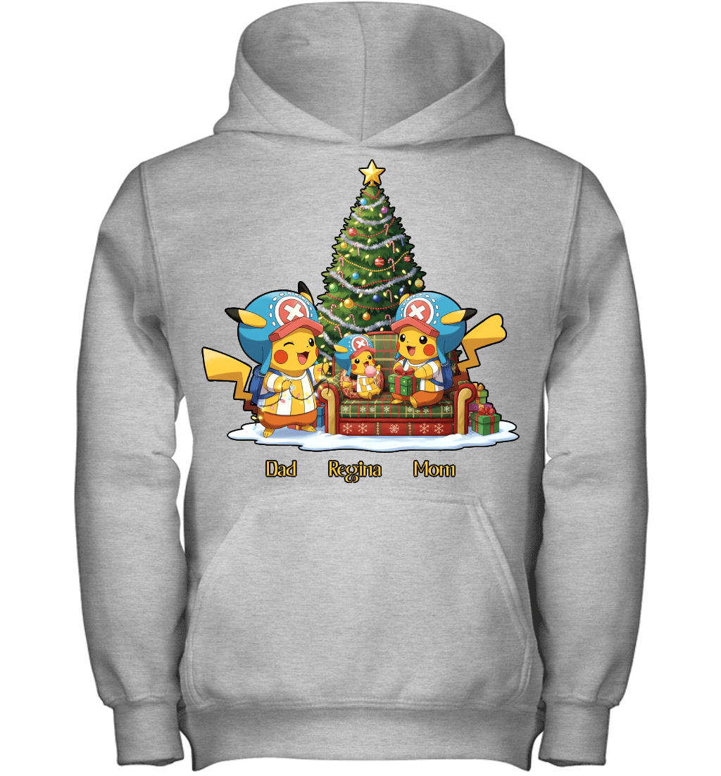 Pikachu x Chopper Parents & Daughter Custom Name Christmas T-Shirt for Family